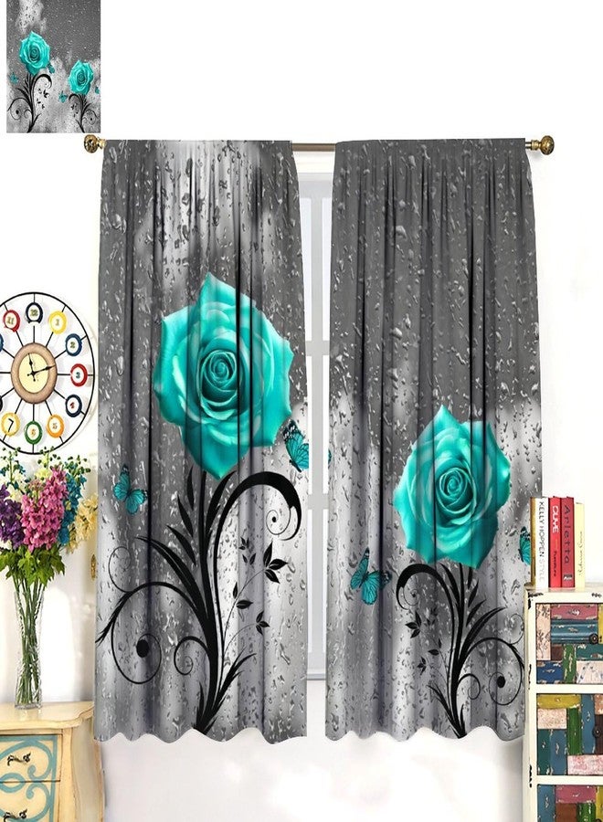 AAVEUP Teal Rose Curtains, Gray Raindrops Misty Glass Landscape Art Plant Flower Butterfly Windows Treatments, Thermal Insulated Drapes For Girls Women Bedroom Living Room Bathroom 42x45in（No Blackout） - Image 3